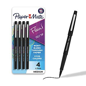 Paper Mate Flair Felt Tip Pens, Medium Point (0.7mm), Black, 4 Count~$4.36 @ Amazon