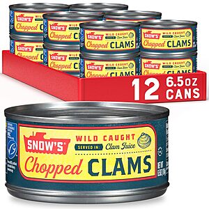Snow's Wild Caught Chopped Clams Canned, 6.5 oz Can (Pack of 12) - 5g Protein Per Serving - Keto Friendly, 99% Fat Free~$19.55 With S&S @ Amazon