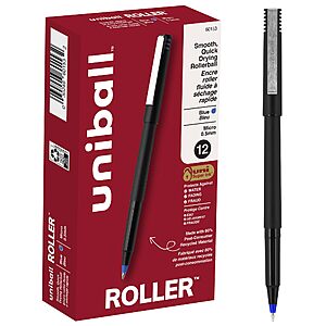 uniball&trade; Roller Rollerball Pens, Micro Point (0.5mm), Blue, 12 Pack | Quick-drying precise strokes, acid-free archival ink, protects against water, fading & fraud~$7.88 @ Amazon