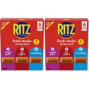 RITZ Fresh Stacks Original, Everything, and Garlic Butter Crackers Variety Pack, Travel Snacks, 8.85 oz (6 Multi Snack Packs) (Pack of 2)~$5.97 @ Amazon