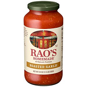 Rao's Homemade Tomato Sauce | Roasted Garlic | 24 oz | Versatile Pasta Sauce | Carb Conscious, Keto Friendly | All Natural, Premium Quality~$5.20 After Coupon & S&S @ Amazon