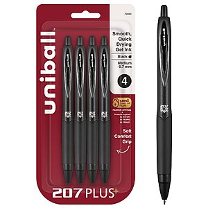 uniball&trade; 207 Plus+ Gel Pens, Black Ink, 0.7mm Medium Point, 4 Count | Retractable, Faster-Drying, Smooth Writing, Smear-Resistant, uni Super Ink&trade;~$4.04 @ Amazon