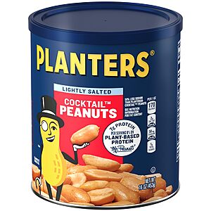 PLANTERS Lightly Salted Peanuts, Plant Based Protein Snacks, 16 Oz (1 Ct) | Roasted Lightly Salted Nuts. 0g Trans Fat. Resealable Jar~$2.83 With S&S @ Amazon