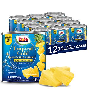 Dole Canned Fruit, Tropical Gold Pineapple Chunks in 100% Pineapple Juice, Gluten Free, Pantry Staples, No Sugar Added, 15.25 Oz, 12 Count~$19.96 @ Amazon