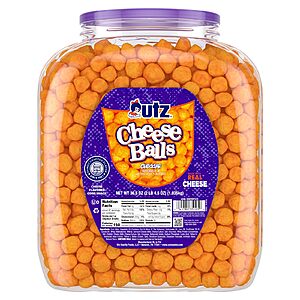 Utz Cheese Balls Barrel, 36.5 oz Baked with real cheddar cheese, resealable barrel; gluten-free, cholesterol-free, trans-fat-free, Kosher certified~$8.03 @ With S&S @ Amazon