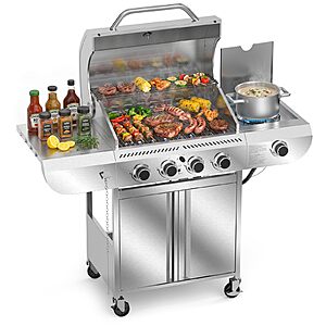 Electactic Stainless Steel 4-Burner Gas Grill with Side Burner &ndash; 42000BTU Propane BBQ Grill with Thermometer~$289.98 @ Amazon