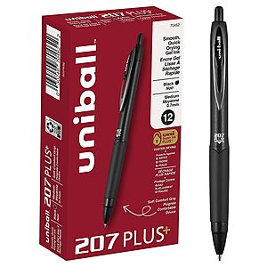 uniball&trade; 207 Plus+ Gel Pens, Black Ink, 0.7mm Medium Point, 12 Count | Retractable, Faster-Drying, Smooth Writing, Smear-Resistant~$11.38 With S&S @ Amazon