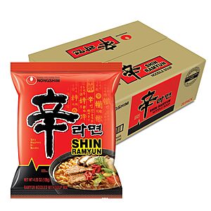 Nongshim Shin Ramyun Noodles, Spicy Korean Signature Instant Ramyun, Rich Beef Flavored Broth, Microwaveable 4.23 oz (Pack of 20)~$17.97 With S&S @ Amazon