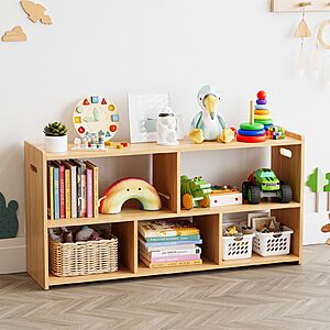 5-Compartment Bookshelf, Montessori for Toddlers, Wooden Book Shelf Organizer Storage Furniture for Kids Rooms, Playroom, Nursery and Classroom, 44.5" Wide, Natural