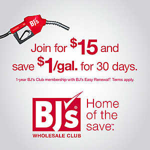BJs save $1 per gallon of gas for 30 days when you join for $15 with auto renewal