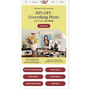 Walgreens 50% Off Everything Photo with Code ALLAPRIL