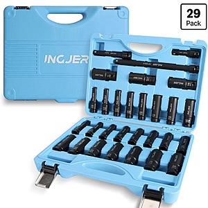 INGJER 1/2" Impact Socket Set, 29PC Deep impact socket set, CR-MO SAE and Metric $28.48
