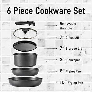 6-Piece Carote Nonstick Stackable Cookware Set w/ Detachable Handle (Black or White) $19.99 + Free S&H w/ Walmart+ or on $35+