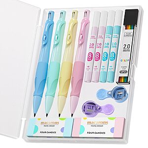 Four Candies 2.0MM Handwriting Pencils for Kids with Comfort Ergonomic Grip, 4PCS Cute Mechanical Pencils with 44PCS Lead Refills, 2PCS Sharpeners/Erasers, Aesthetic School Supplies for Kids Writing