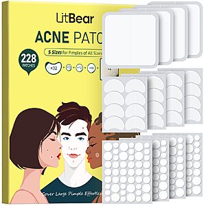LitBear Pimple Patches for Face, Large Acne Patch, XL Hydrocolloid Bandages,Zit Stickers for Forehead, Chin, Nose, Body, Back, and Chest (5 Sizes, 228 Pimple Patches)