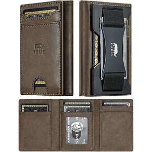 furid RFID-Blocking Slim Trifold Leather Wallet w/ Metal Card Holder & Cash Strap (Brown) $4.99 + Free Shipping w/ Prime or on $35+