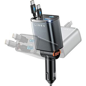 LISEN Retractable Car Charger w/ USB-C Cable(s): 75W 4-in-1 $11.99 or 63W 3-in-1 $8.49 + Free Shipping w/ Prime or on $35+
