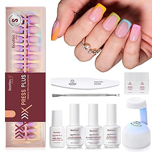 224-Piece Beetles Fruity French Short Square Press-On Nails Kit w/ Mini UV Light, Nail Glue, Top Coat, Cuticle Oil & More $12 w/ S&S (or less) + Free Shipping w/ Prime or on $35+