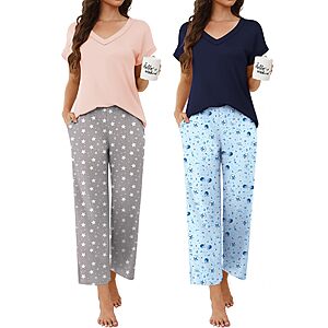 2-Count Ekouaer Women's V-Neck Short Sleeve Pajama Sets w/ Ankle-Length Pants (S-XXL, Various Colors/Prints) $14.99 ($7.50/set) + Free Shipping w/ Prime or on $35+