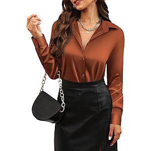 CUNLIN Women's Satin Button-Down Long-Sleeve Shirt (XXS&ndash;4XL, Solid Colors) from $11.99 + Free Shipping w/ Prime or on $35+