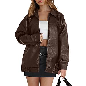 WIHOLL Women's Oversized Faux Leather Moto Jacket (XS&ndash;XXL, Various Colors) $15.99 + Free Shipping w/ Prime or on $35+