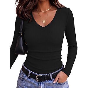 Zeagoo Women's Ribbed V-Neck Long Sleeve Slim-Fit Top (XS-XXL, Various Colors) $5.99 + Free Shipping w/ Prime or on $35+
