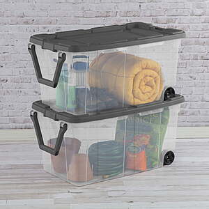 2-Pack Sterilite XL Clear Wheeled Storage Bin, 40 Gallon Plastic Storage Tote Wheeled Stacker with Latch Lid and Pull Handle $37