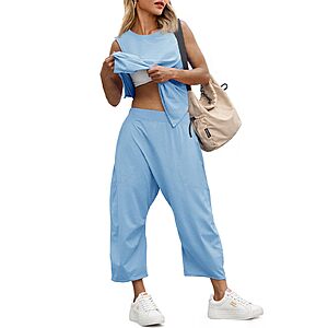 Fisoew Women's Summer 2 Piece Outfits Sleeveless Tank Tops and Wide Leg Pocketed Pants Workout Sweat Sets