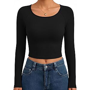 Ekouaer Crop Tops for Women Long Sleeve Shirts Slim Fit Base Layer Trendy Fashion Outfits Black L