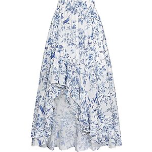 Women's Floral Maxi Skirts High Waist Summer Boho Flowy Ruffle Long Skirt with Pockets Sapphire Bird L