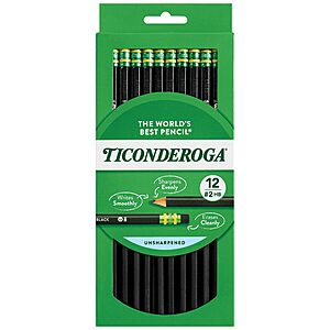 $2.79 - Ticonderoga Wood-Cased Pencils, Unsharpened, #2 HB Soft, Black, 12 Count