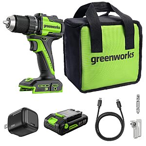 GREENWORKS 24V 1/2" Brushless Cordless Drill (400 In-lbs.), 2.0Ah (12,000mAh Power Bank) USB-C Batteries, 3.3 FT Braided Cable, 30W Charger - $54.32 @Amazon