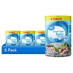 (6 pack) Great Value Chunk Light Tuna in Water, 5 oz, 4 Pack (24 cans) $18.64 or 48 $35.88 Free Ship Walmart+ or at $35
