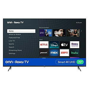 onn 70" Class 4K UHD Roku Smart Television, $278 WALMART FS where available for shipping or store pick up where available