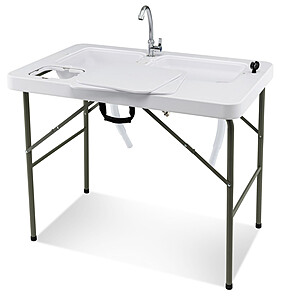 $100 FS COSTWAY Fish Cleaning Table with 2 Sinks and 360&deg; Rotatable Faucet