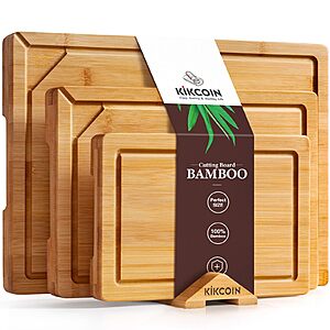 3-Piece Kikcoin Self Draining Bamboo Cutting Boards w/ Stand $9.99 + Free Shipping w/ Prime or on $35+