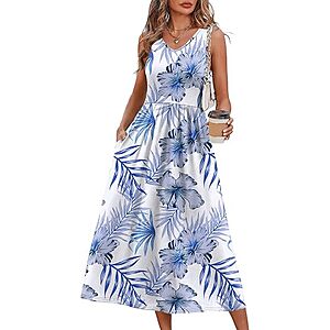 OFEEFAN Women's Casual V Neck Flowy Summer Midi Dress w/ Pockets (Various) $9.99 + Free Shipping w/ Prime or on $35+