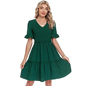Lyrur Women's Casual Smocked V Neck Ruffle Sleeve Tiered Knee Length Babydoll Dress w/ Pockets (Various) $9.99 + Free Shipping w/ Prime or on $35+