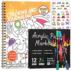 60-Page 7" x 8.3" Prudiuut Spiral Bound Travel Coloring Book w/ 12 Dual Tip Acrylic Markers Set (Dinosaurs, Aliens) $5.00 + Free Shipping w/ Prime or on $35+