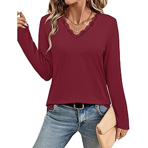 JUSTFASHIONNOW Women's Lightweight Lace V Neck Long Sleeve Shirt (Various) from $5.39 + Free Shipping w/ Prime or on $35+