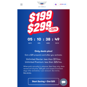 US mobile unlimited starter $199 with $25 prepaid card. New lines/ port in only $174