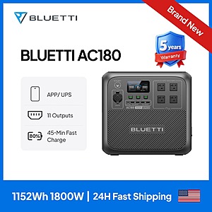 BLUETTI AC180 Solar Portable Power Station: 1152Wh 1800W, LiFePO4 App Control + F/S $256