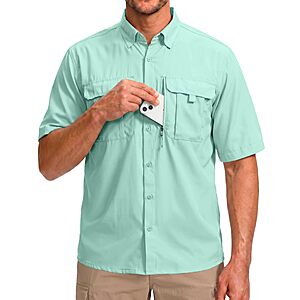 BETBO Men's Short Sleeves Button Down Fishing Shirts w/ Zipper Pockets $12.99