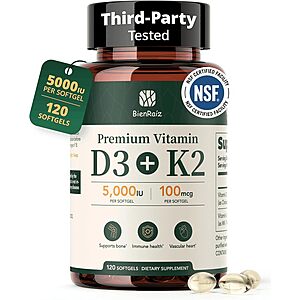 BienRa&iacute;z Vitamin D3 K2 5000IU, All-Trans MK-7 100mcg, 120 Softgels $8.99