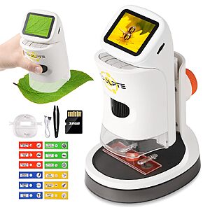 Handheld Digital Microscope for Kids, 1000X, 2.1'' HD LCD Screen, 6 LED lights, slides, 32GB card $19.99