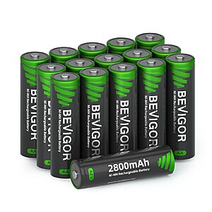 (16 Pack) BEVIGOR AA Rechargeable Batteries, 2800 mAh, 1.2V Ni-MH $12.99