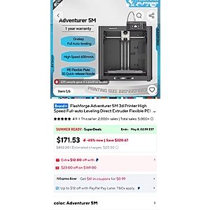 Flashforge Adventurer 5M 3d Printer High Speed Full-auto Leveling Direct Extruder Flexible PEI Plate Power Loss Recovery 148.53 + Free shipping