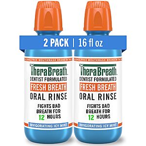 TheraBreath Fresh Breath Mouthwash, Icy Mint Flavor, Alcohol-Free, 16 Fl Oz (Pack of 2)