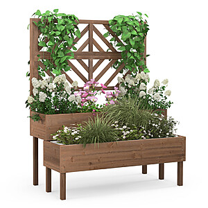 Costway 2-Tier Raised Garden Bed with Trellis Wooden Elevated Planter Box with Legs $62.99 + Free Shipping