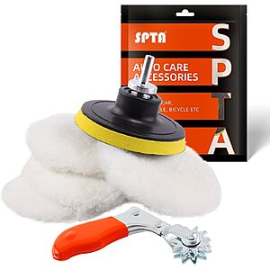 Wool Buffing Polishing Pad, SPTA 3 Inch (75mm) Lambwool Wool Buffing polishing Pads With Pad Clean Tool, 6 Pcs Kit with Hook & Loop 5/8"-11 Thread Drill Adapter for Car Polishing and Buffing QA0798SET